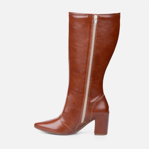 Bota Social Feminina Caramelo Cano Alto Bico Fino Salto Alto Bloco