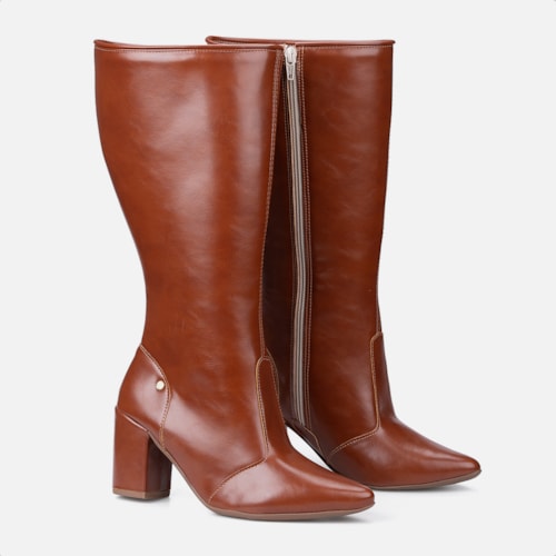 Bota Social Feminina Caramelo Cano Alto Bico Fino Salto Alto Bloco