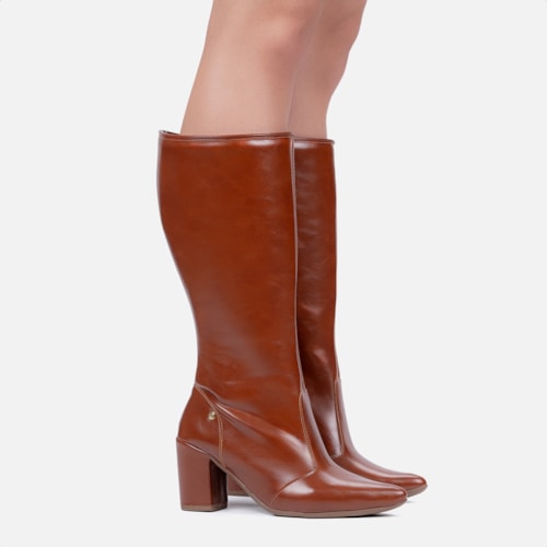 Bota Social Feminina Caramelo Cano Alto Bico Fino Salto Alto Bloco