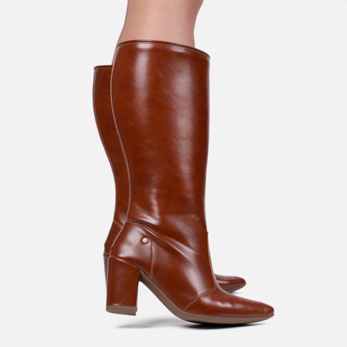 Bota Social Feminina Caramelo Cano Alto Bico Fino Salto Alto Bloco