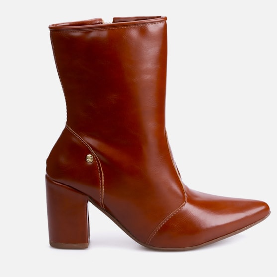 Bota Social Feminina Caramelo Cano Curto Salto Alto Bloco Bico Fino