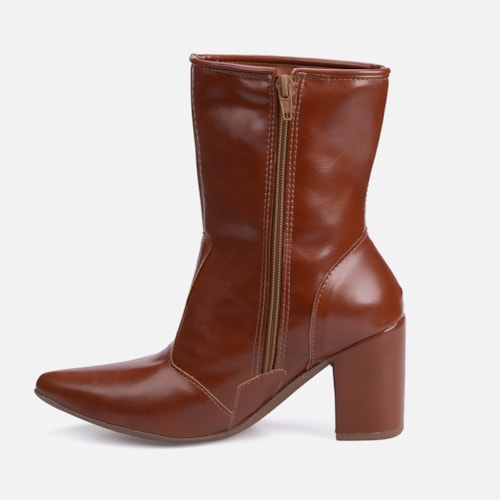 Bota Social Feminina Caramelo Cano Curto Salto Alto Bloco Bico Fino