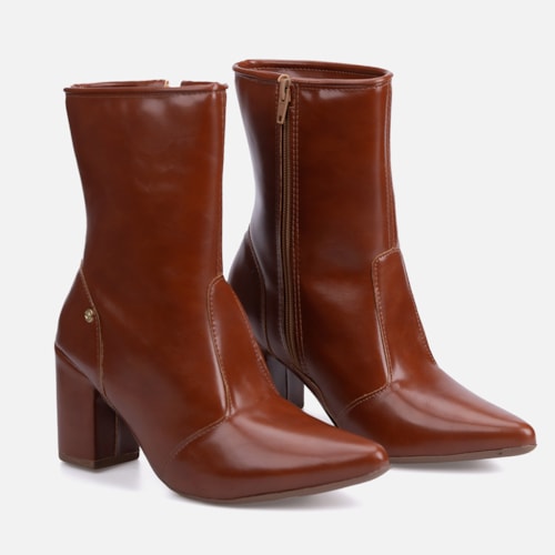 Bota Social Feminina Caramelo Cano Curto Salto Alto Bloco Bico Fino