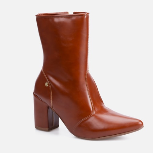 Bota Social Feminina Caramelo Cano Curto Salto Alto Bloco Bico Fino