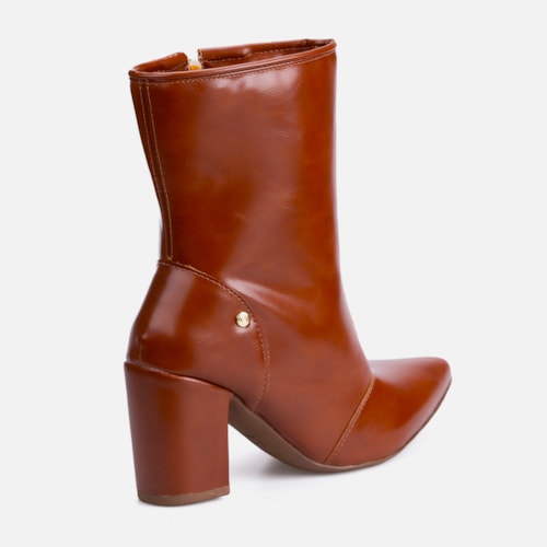 Bota Social Feminina Caramelo Cano Curto Salto Alto Bloco Bico Fino