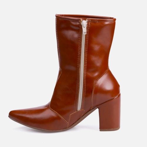 Bota Social Feminina Caramelo Cano Curto Salto Alto Bloco Bico Fino