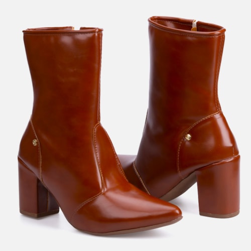 Bota Social Feminina Caramelo Cano Curto Salto Alto Bloco Bico Fino
