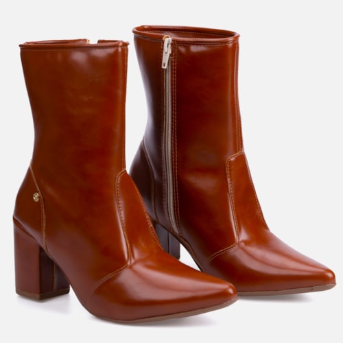 Bota Social Feminina Caramelo Cano Curto Salto Alto Bloco Bico Fino