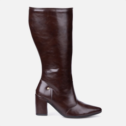 Bota Social Feminina Marrom Cano Alto Bico Fino Salto Alto Bloco
