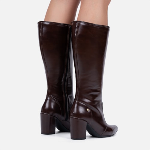 Bota Social Feminina Marrom Cano Alto Bico Fino Salto Alto Bloco