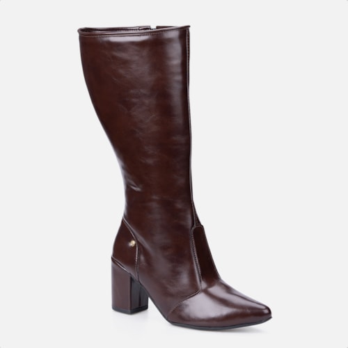 Bota Social Feminina Marrom Cano Alto Bico Fino Salto Alto Bloco