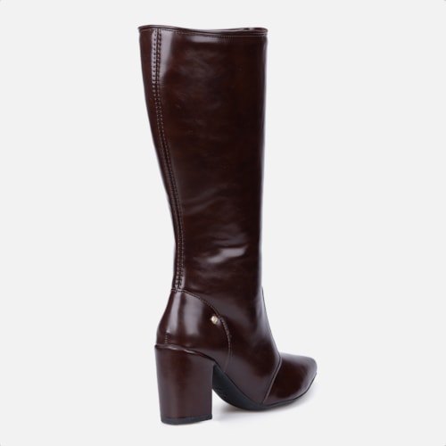 Bota Social Feminina Marrom Cano Alto Bico Fino Salto Alto Bloco