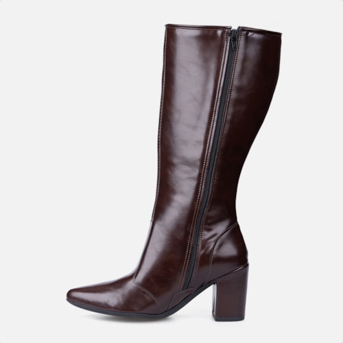 Bota Social Feminina Marrom Cano Alto Bico Fino Salto Alto Bloco