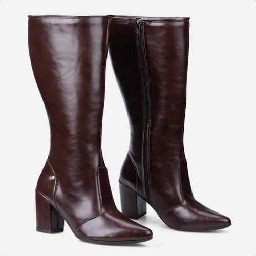 Bota Social Feminina Marrom Cano Alto Bico Fino Salto Alto Bloco