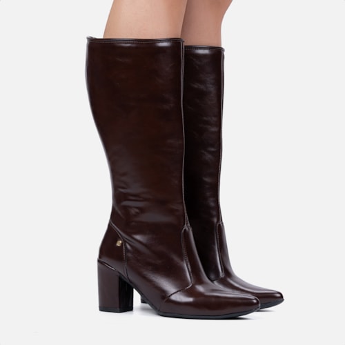 Bota Social Feminina Marrom Cano Alto Bico Fino Salto Alto Bloco