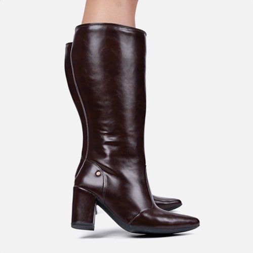 Bota Social Feminina Marrom Cano Alto Bico Fino Salto Alto Bloco
