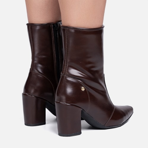 Bota Social Feminina Marrom Cano Curto Salto Alto Bloco Bico Fino