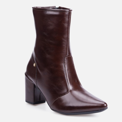 Bota Social Feminina Marrom Cano Curto Salto Alto Bloco Bico Fino