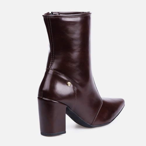 Bota Social Feminina Marrom Cano Curto Salto Alto Bloco Bico Fino