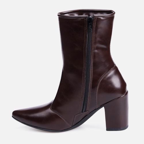 Bota Social Feminina Marrom Cano Curto Salto Alto Bloco Bico Fino