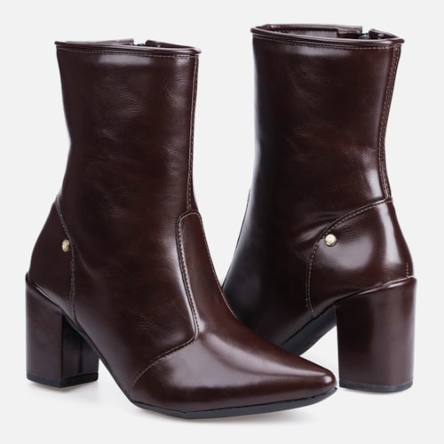 Bota Social Feminina Marrom Cano Curto Salto Alto Bloco Bico Fino
