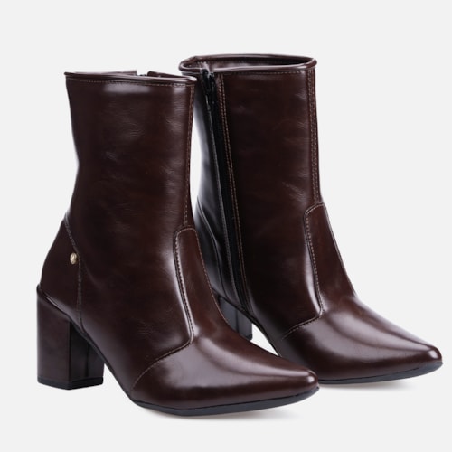 Bota Social Feminina Marrom Cano Curto Salto Alto Bloco Bico Fino