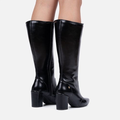Bota Social Feminina Preta Cano Alto Bico Fino Salto Alto Bloco
