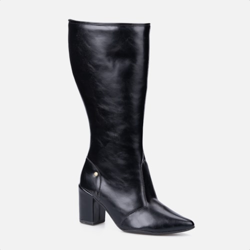 Bota Social Feminina Preta Cano Alto Bico Fino Salto Alto Bloco