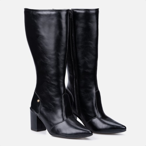Bota Social Feminina Preta Cano Alto Bico Fino Salto Alto Bloco