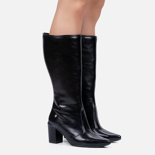 Bota Social Feminina Preta Cano Alto Bico Fino Salto Alto Bloco