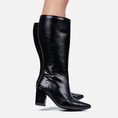 Bota Social Feminina Preta Cano Alto Bico Fino Salto Alto Bloco