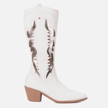 Bota Texana Feminina Off White Western Cano Longo Metalizado Bico Fino