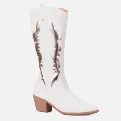 Segunda imagem do produto Bota Texana Feminina Off White Western Cano Longo Metalizado Bico Fino