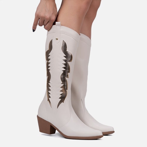 Bota Texana Feminina Western Cano Alto Bordada Bico Fino Off White