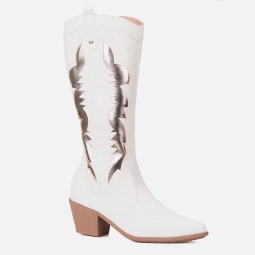 Bota Texana Feminina Western Cano Alto Bordada Bico Fino Off White