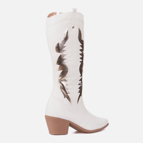 Bota Texana Feminina Western Cano Alto Bordada Bico Fino Off White
