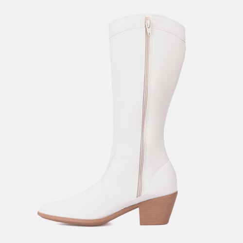 Bota Texana Feminina Western Cano Alto Bordada Bico Fino Off White