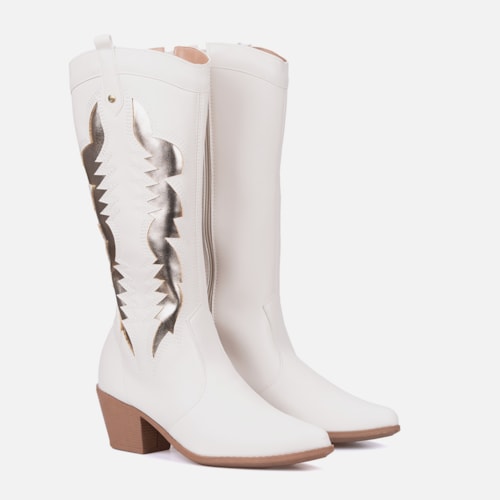 Bota Texana Feminina Western Cano Alto Bordada Bico Fino Off White