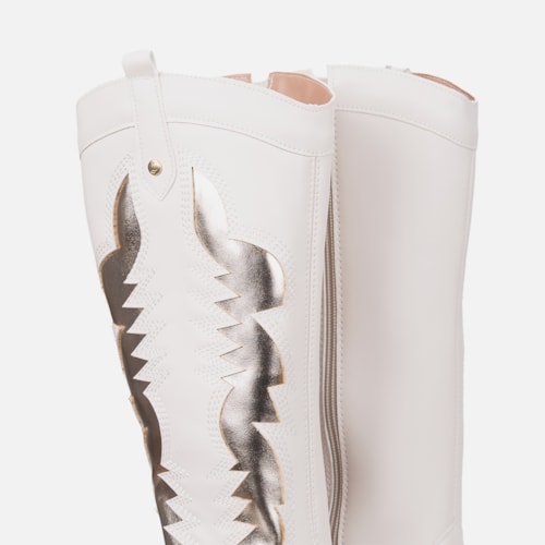 Bota Texana Feminina Western Cano Alto Bordada Bico Fino Off White