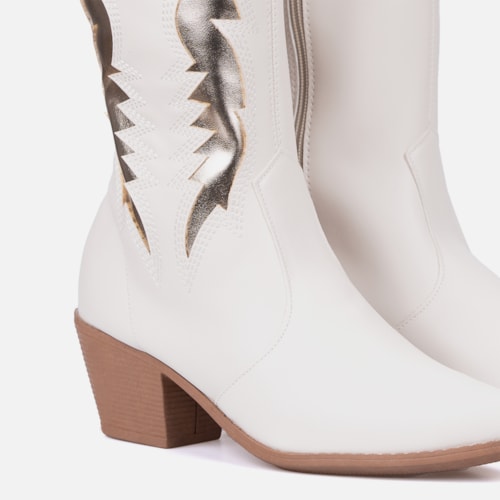 Bota Texana Feminina Western Cano Alto Bordada Bico Fino Off White