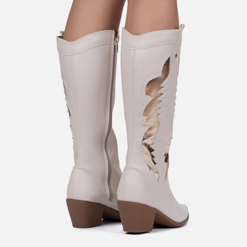 Bota Texana Feminina Western Cano Alto Bordada Bico Fino Off White