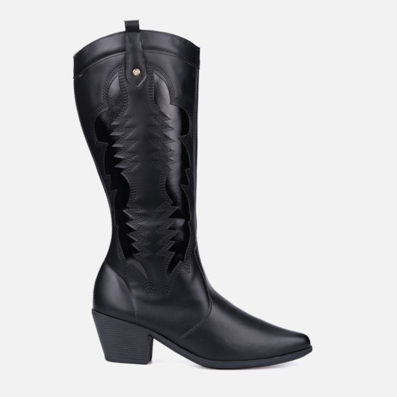 Bota Texana Feminina Western Cano Alto Bordada Bico Fino Preta