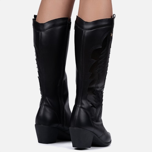 Bota Texana Feminina Western Cano Alto Bordada Bico Fino Preta
