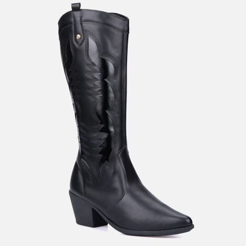 Bota Texana Feminina Western Cano Alto Bordada Bico Fino Preta