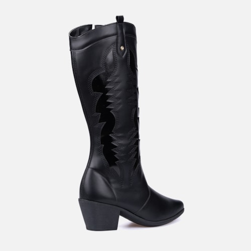 Bota Texana Feminina Western Cano Alto Bordada Bico Fino Preta
