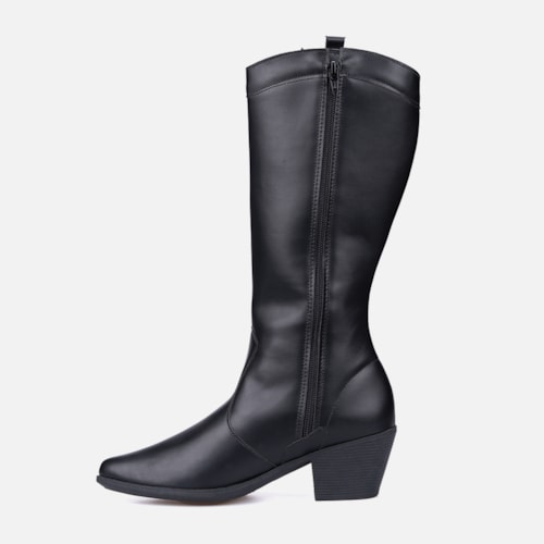 Bota Texana Feminina Western Cano Alto Bordada Bico Fino Preta