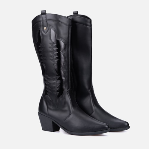 Bota Texana Feminina Western Cano Alto Bordada Bico Fino Preta