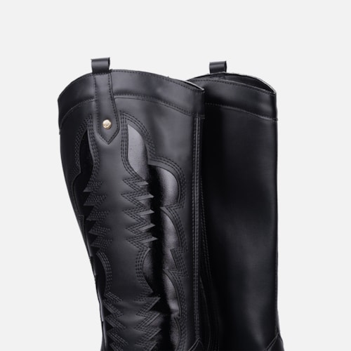 Bota Texana Feminina Western Cano Alto Bordada Bico Fino Preta