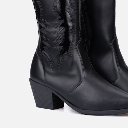 Bota Texana Feminina Western Cano Alto Bordada Bico Fino Preta