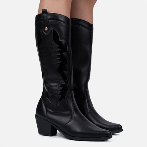 Bota Texana Feminina Western Cano Alto Bordada Bico Fino Preta